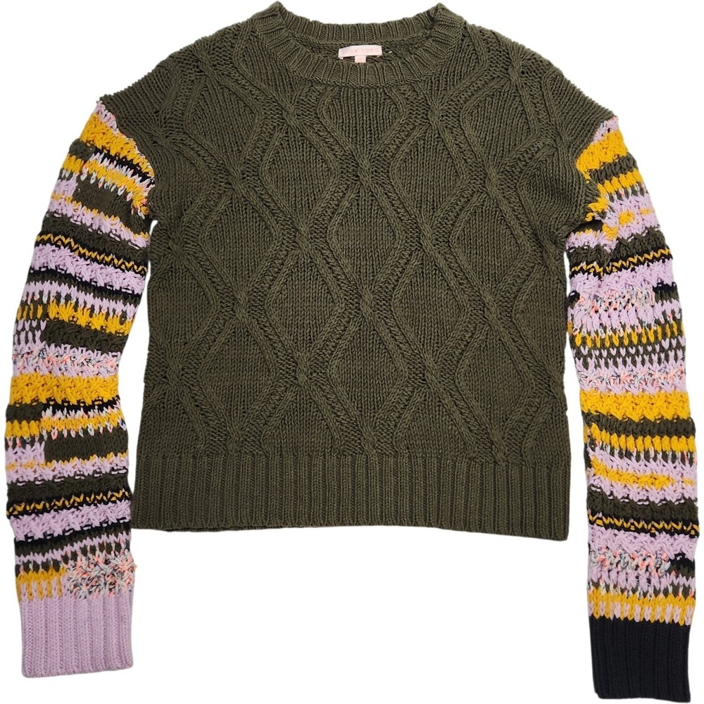 Lisa‎ Todd Sweater Sz S Olive Green Cable Knit Multi Color Whimsical